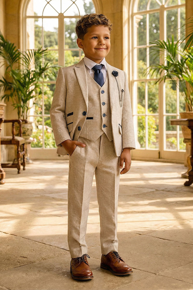 Boys Beige Check 3-Piece Suit for Formal Receptions