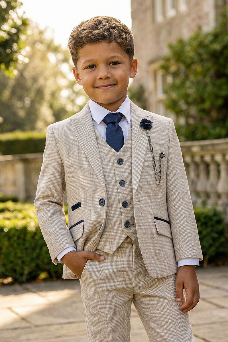 Boys Beige Check 3-Piece Suit for Formal Receptions