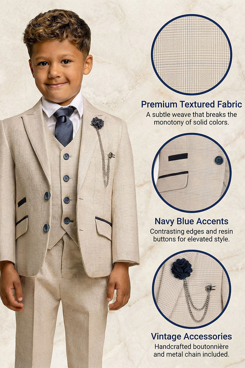 Boys Beige Check 3-Piece Suit for Formal Receptions