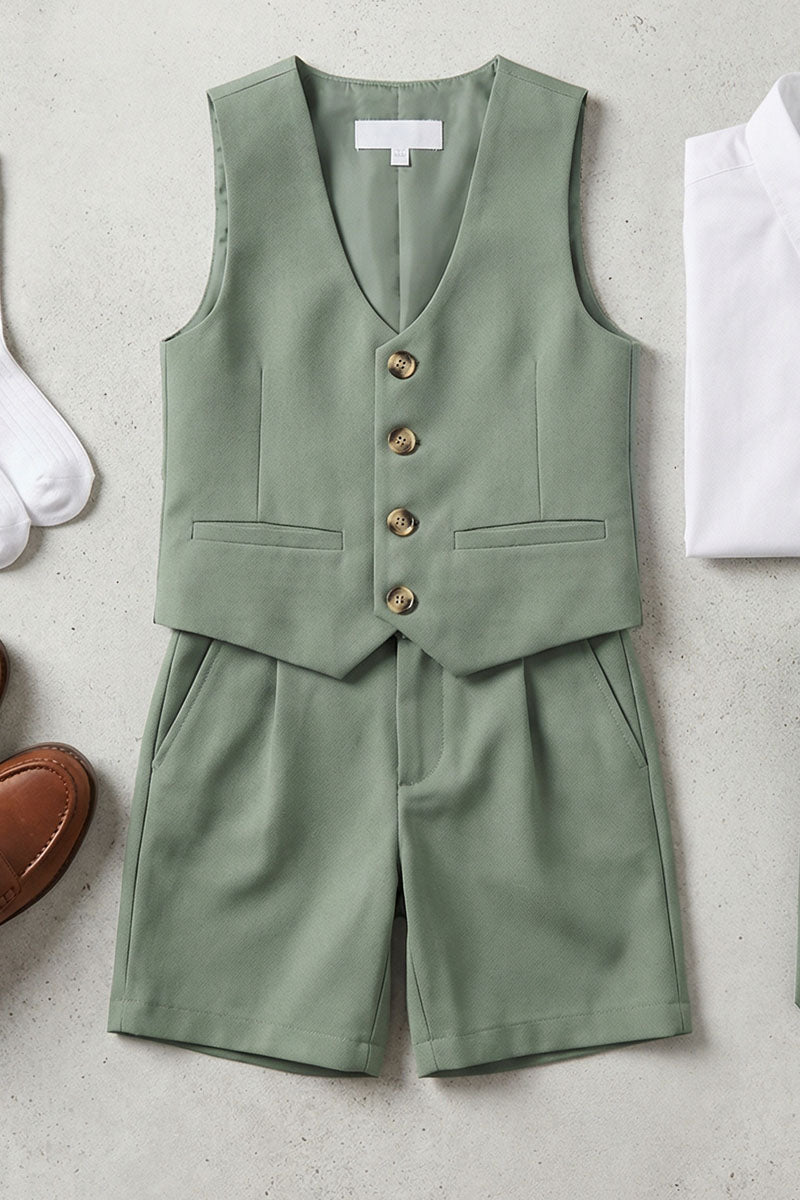 Boys Sage Green Vest & Shorts 2-piece Suit