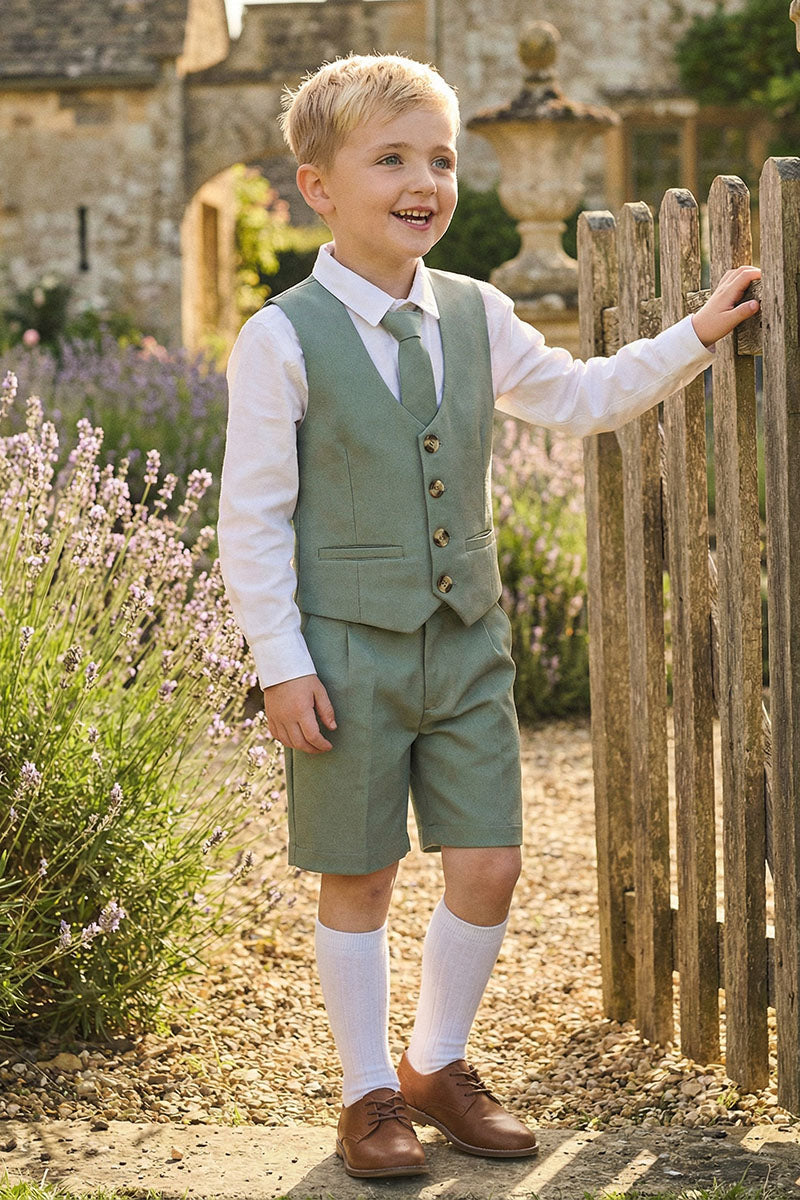 Boys Sage Green Vest & Shorts 2-piece Suit