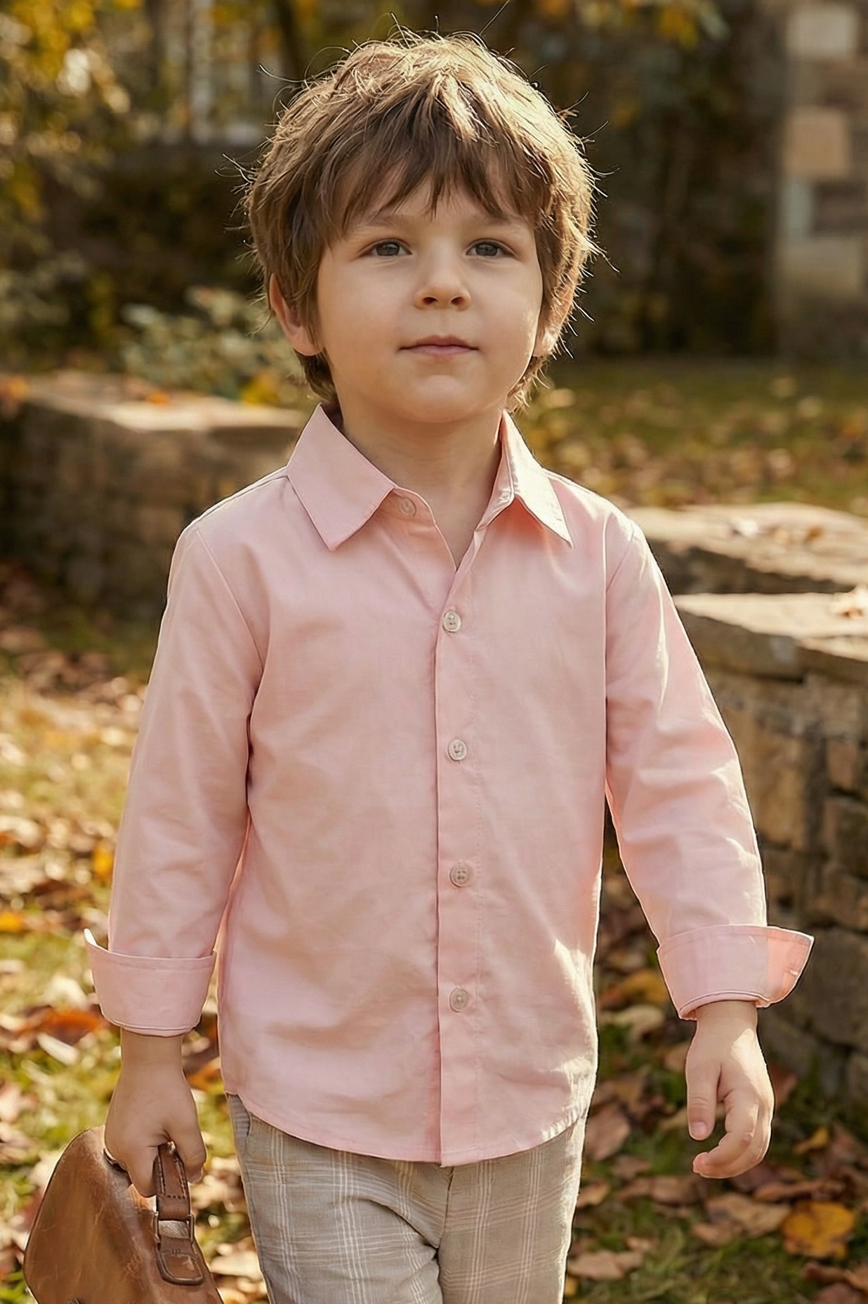 Boys Pink Simple Long-Sleeved Cotton Shirt