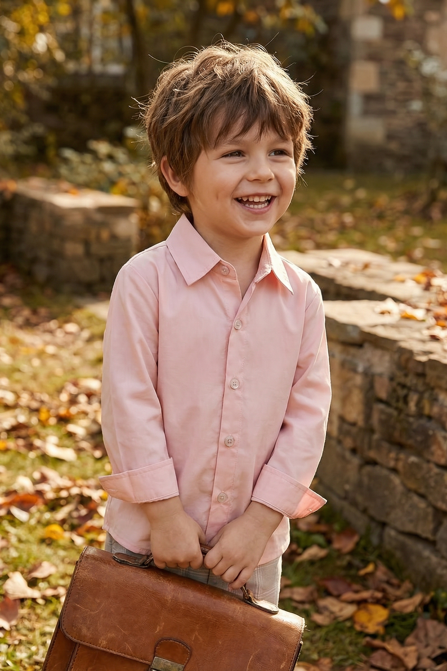 Boys Pink Simple Long-Sleeved Cotton Shirt