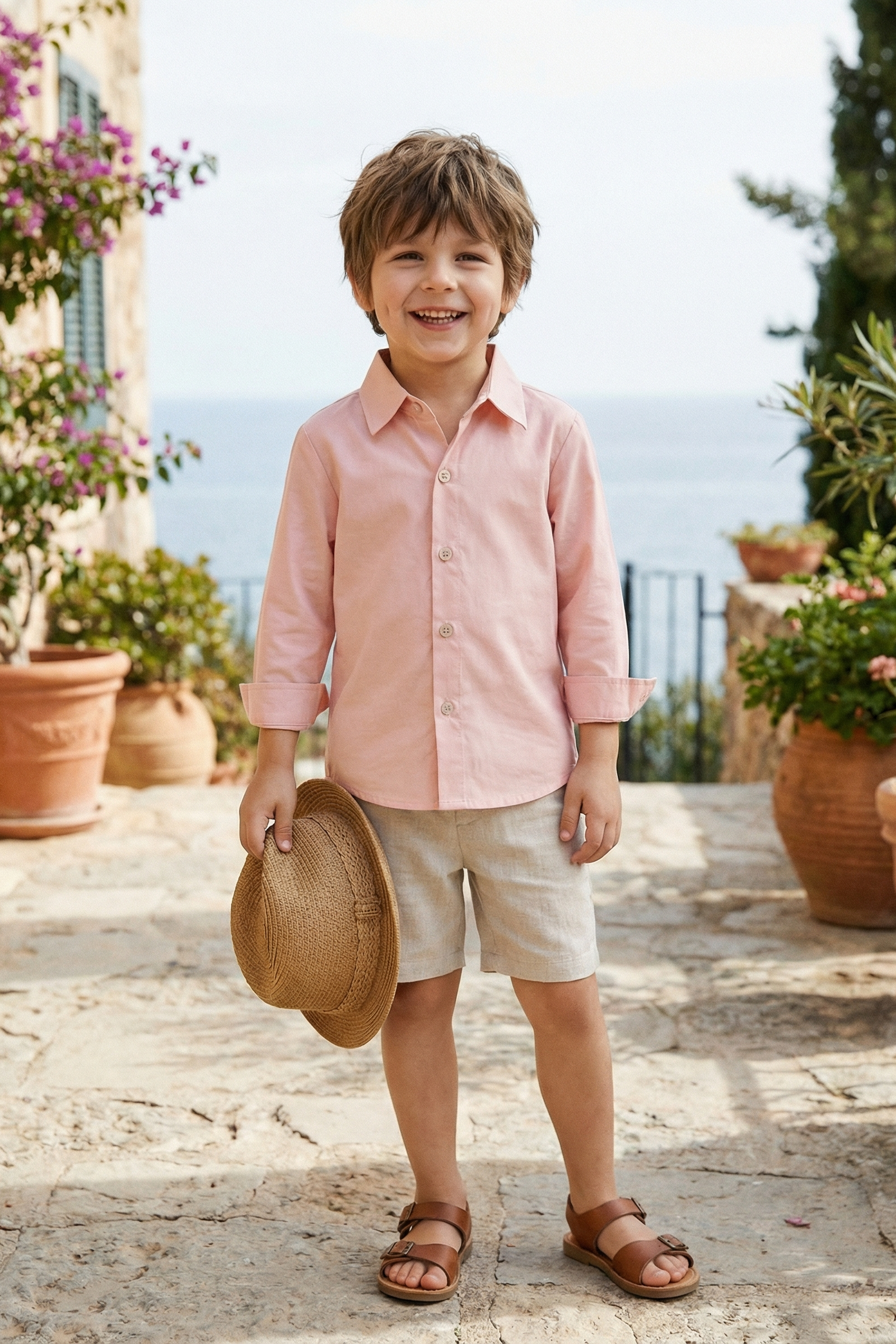 Boys Pink Simple Long-Sleeved Cotton Shirt