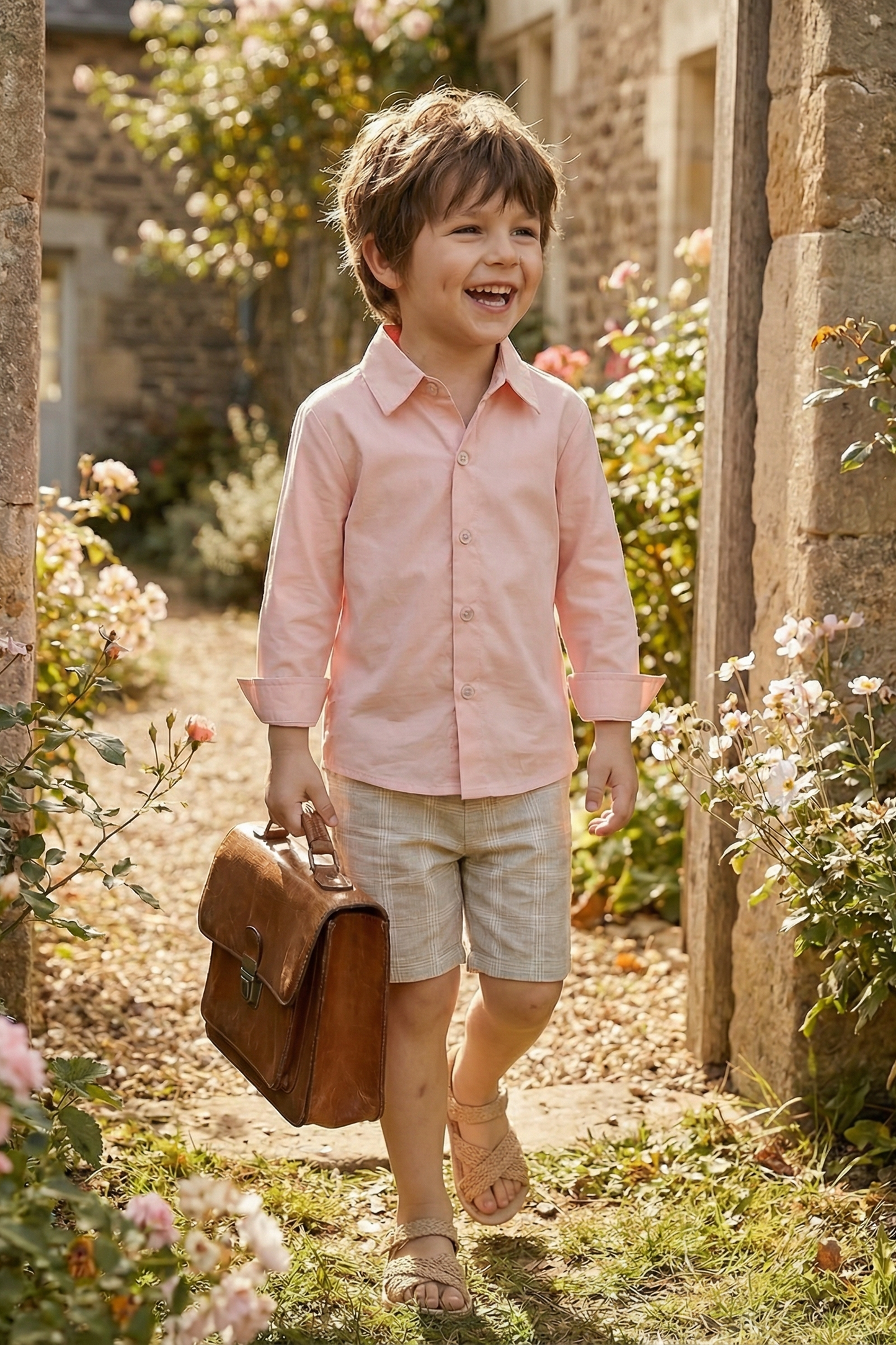 Boys Pink Simple Long-Sleeved Cotton Shirt