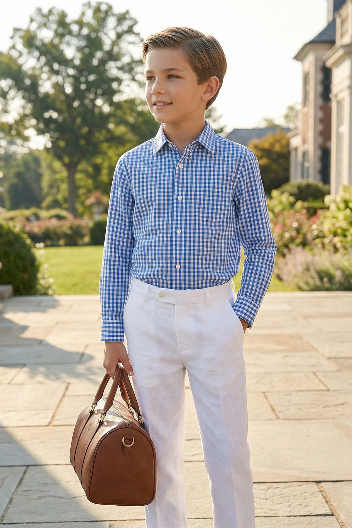 Boys' Blue And White Checkered Vacation Long-Sleeved Shirt