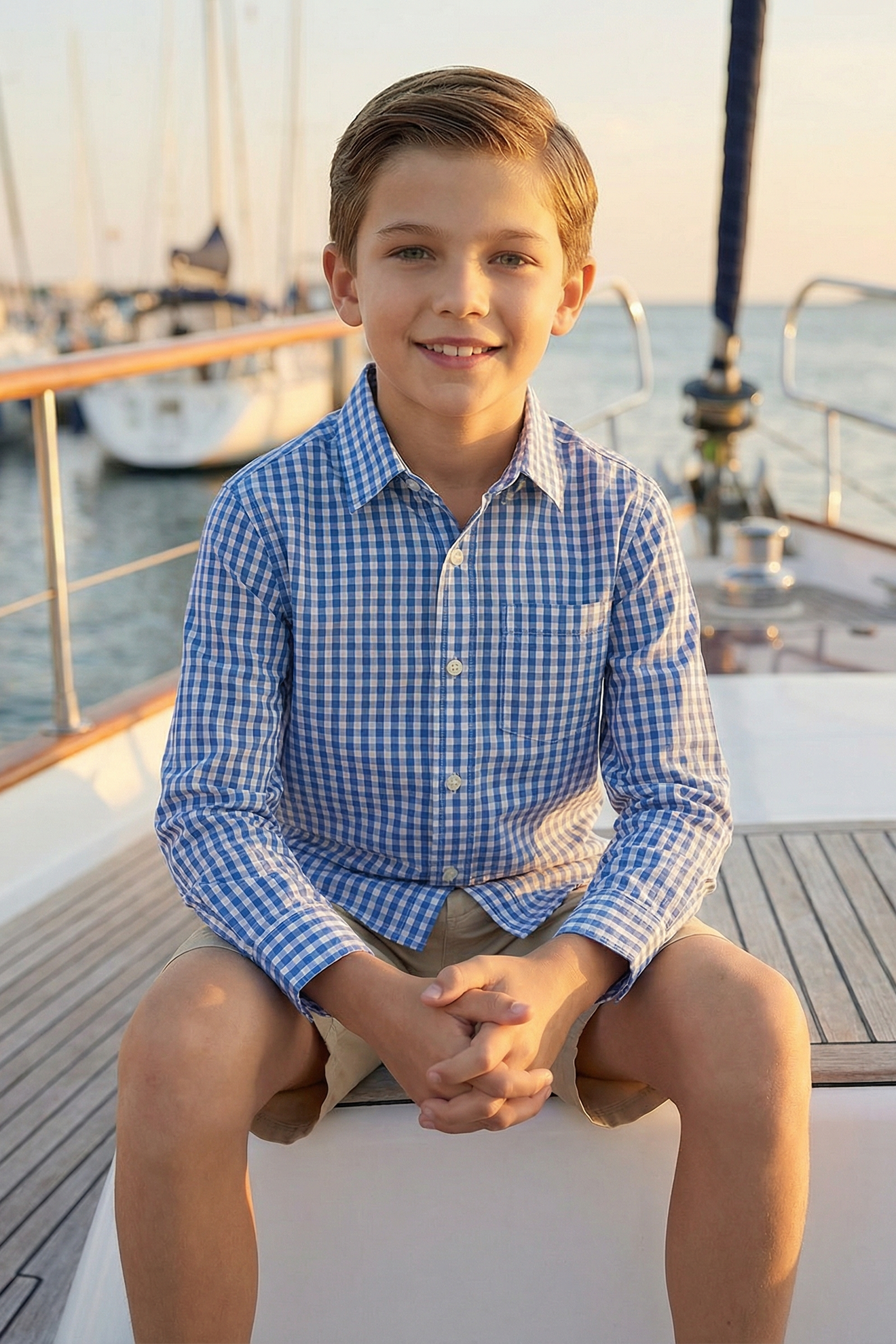 Boys' Blue And White Checkered Vacation Long-Sleeved Shirt