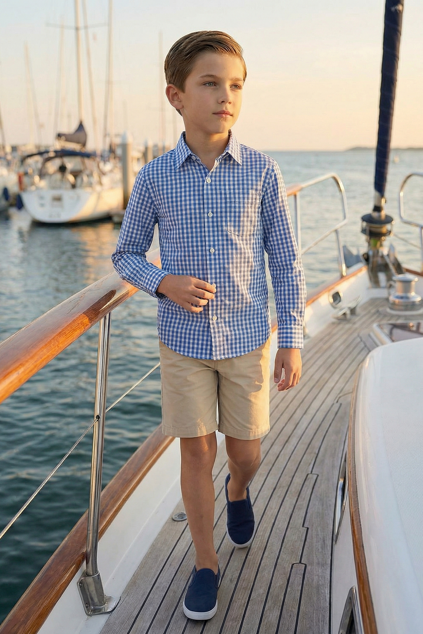 Boys' Blue And White Checkered Vacation Long-Sleeved Shirt