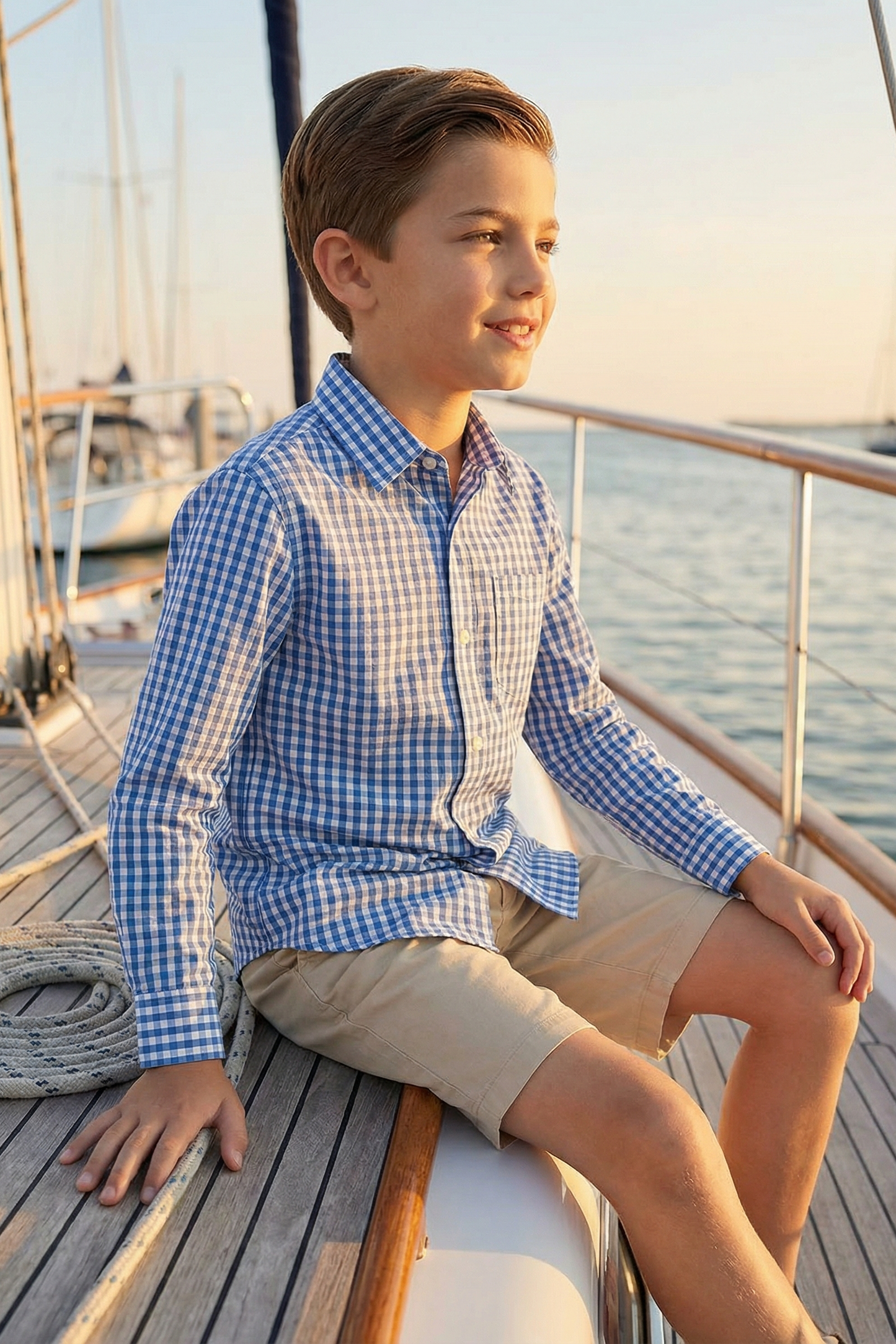 Boys' Blue And White Checkered Vacation Long-Sleeved Shirt