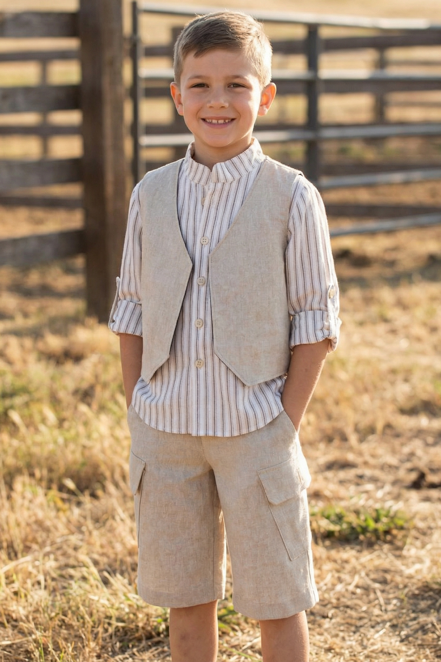 Boys Beige Cardigan Vest And Shorts