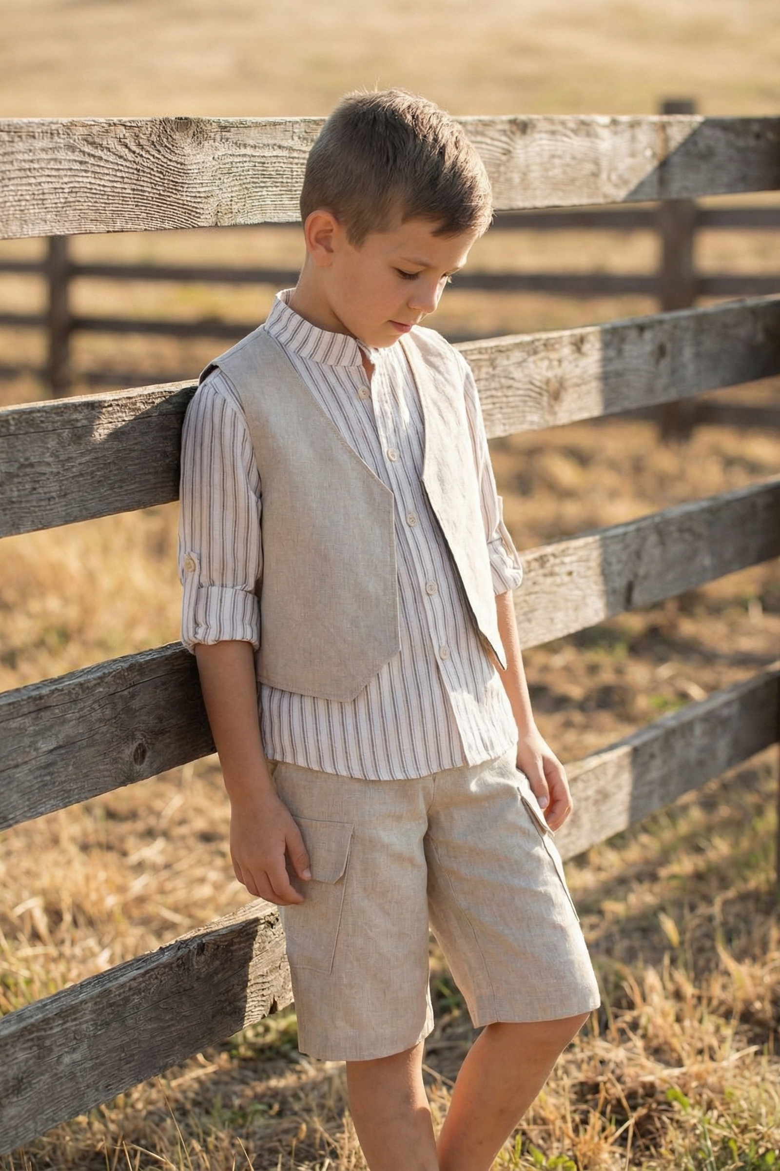 Boys Beige Cardigan Vest And Shorts