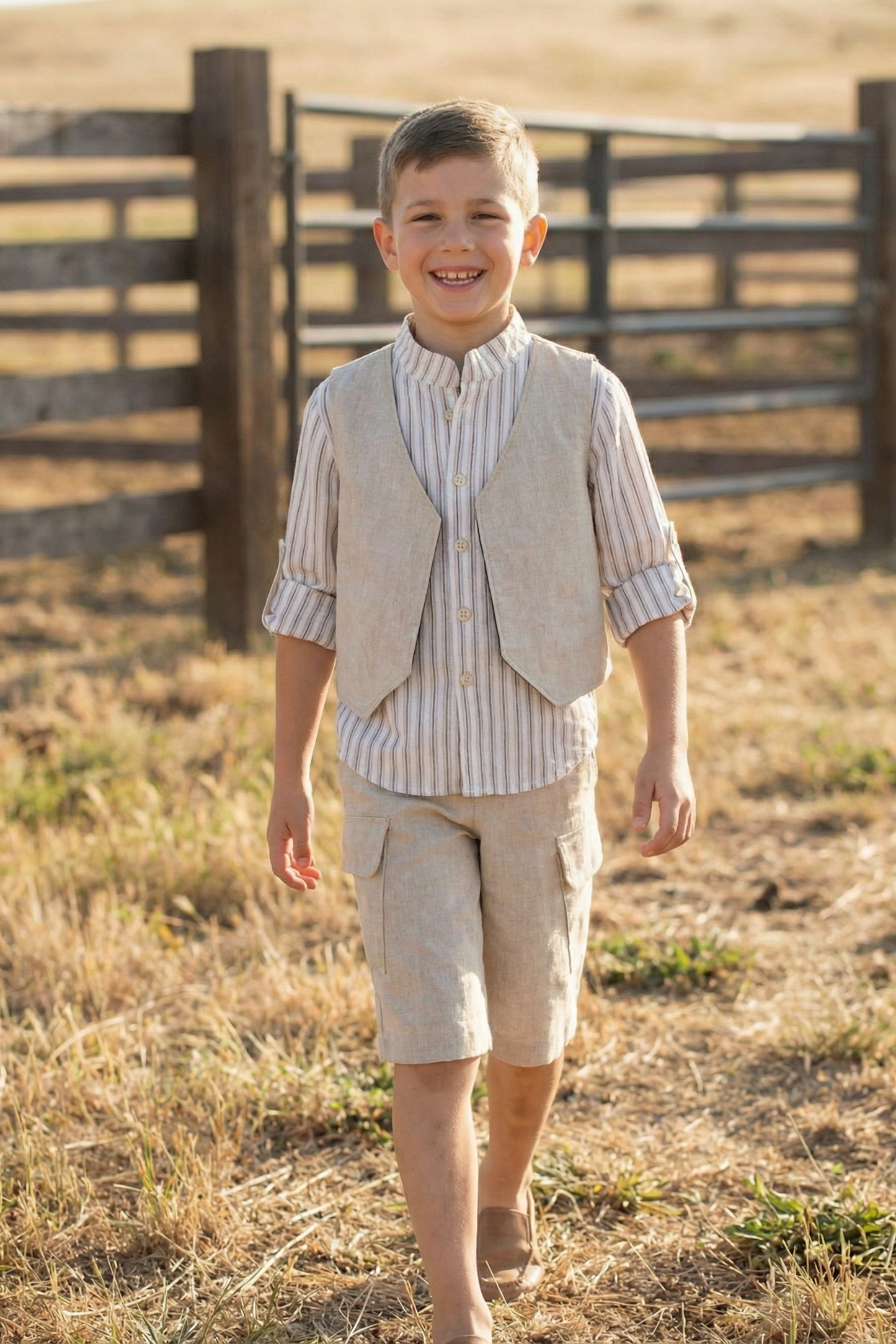 Boys Beige Cardigan Vest And Shorts