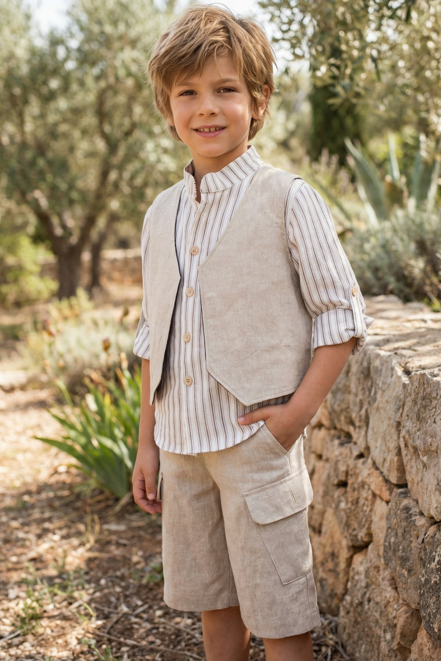 Boys Beige Cardigan Vest And Shorts