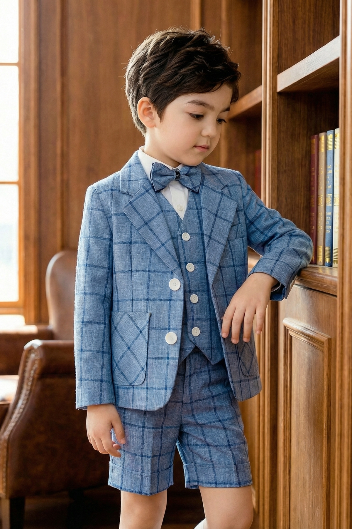 Boys Blue Fashionable Checkered Single-Breasted 3-piece suit set