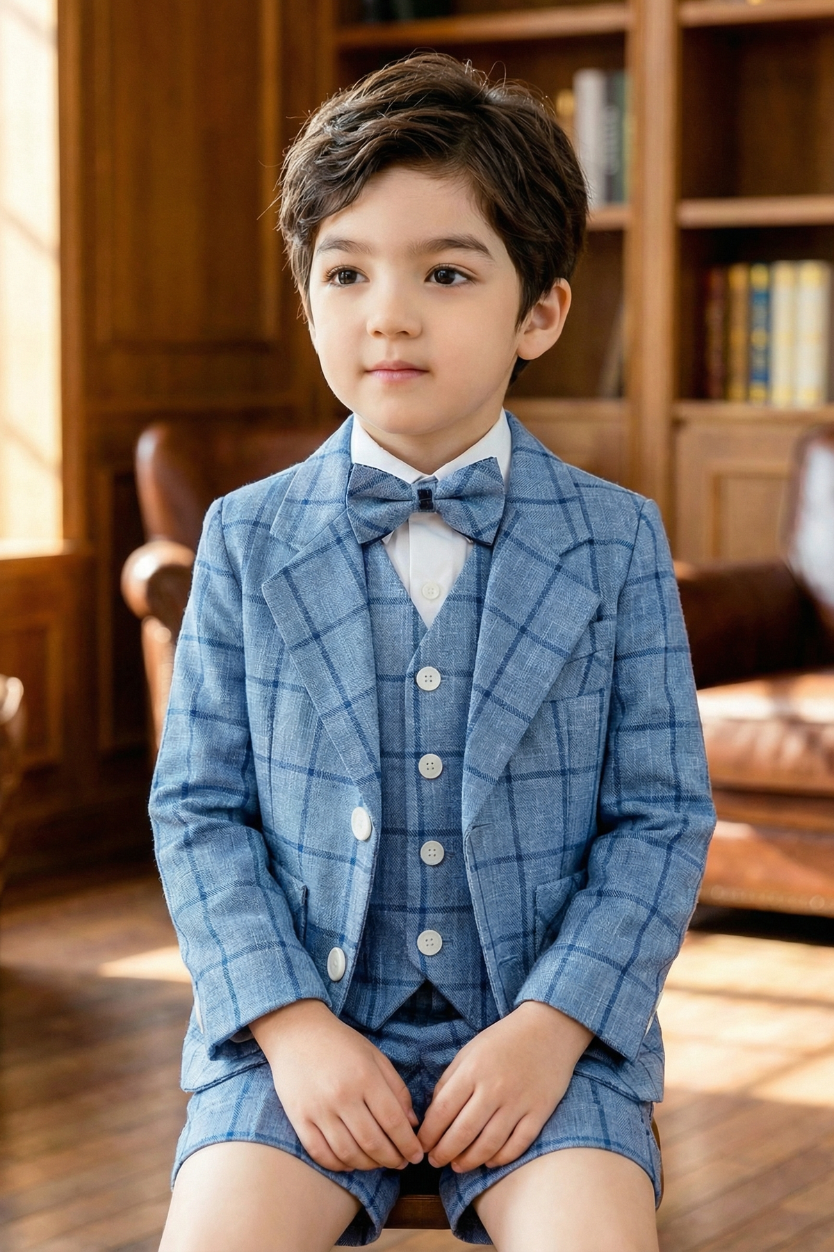 Boys Blue Fashionable Checkered Single-Breasted 3-piece suit set