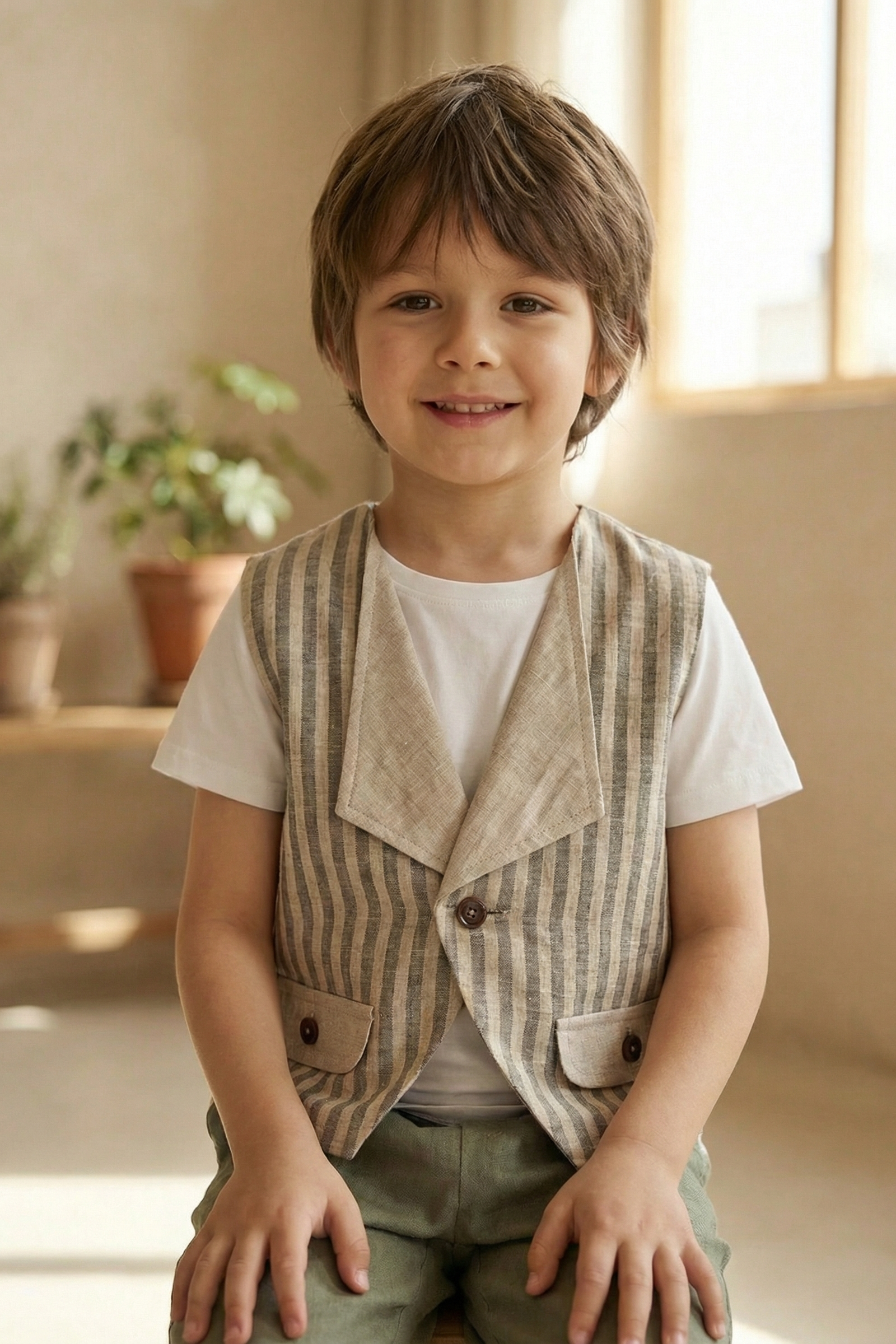 Boys Striped Single-Button Turtleneck Vest