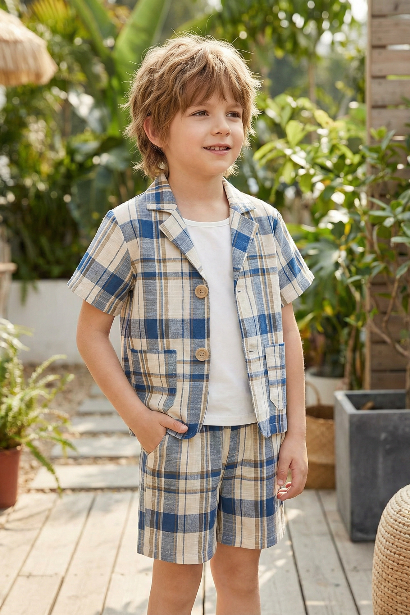Boys Blue And White Checkered Short Suit 2-piece Set