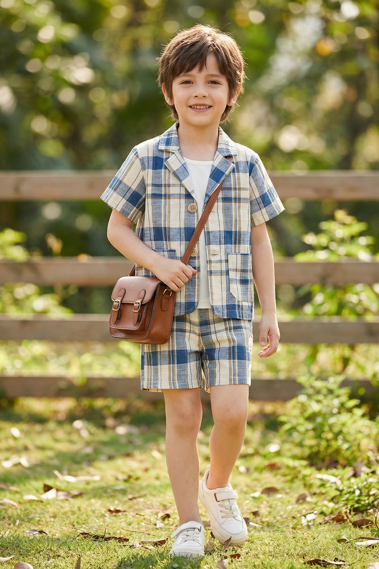 Boys Blue And White Checkered Short Suit 2-piece Set