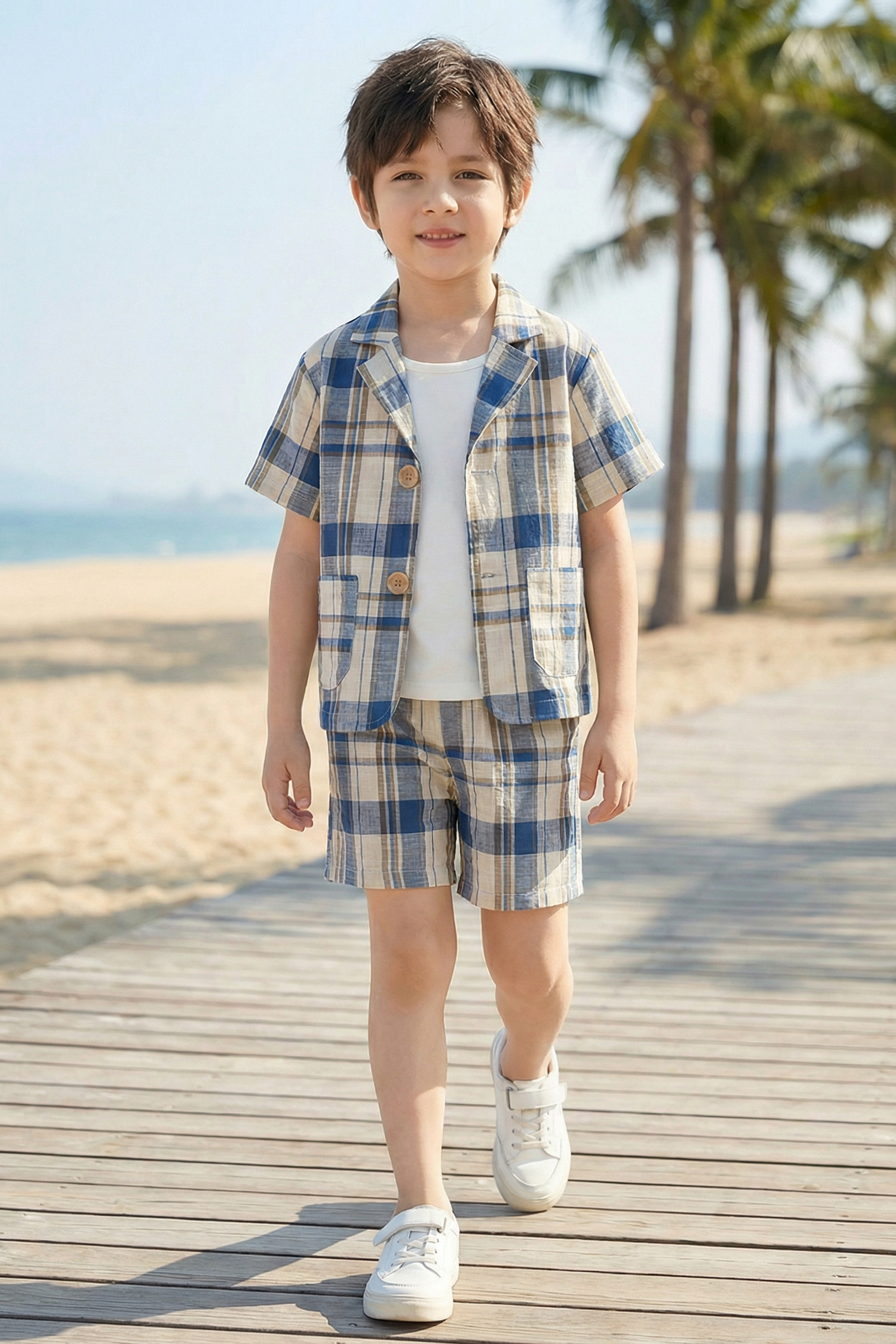 Boys Blue And White Checkered Short Suit 2-piece Set