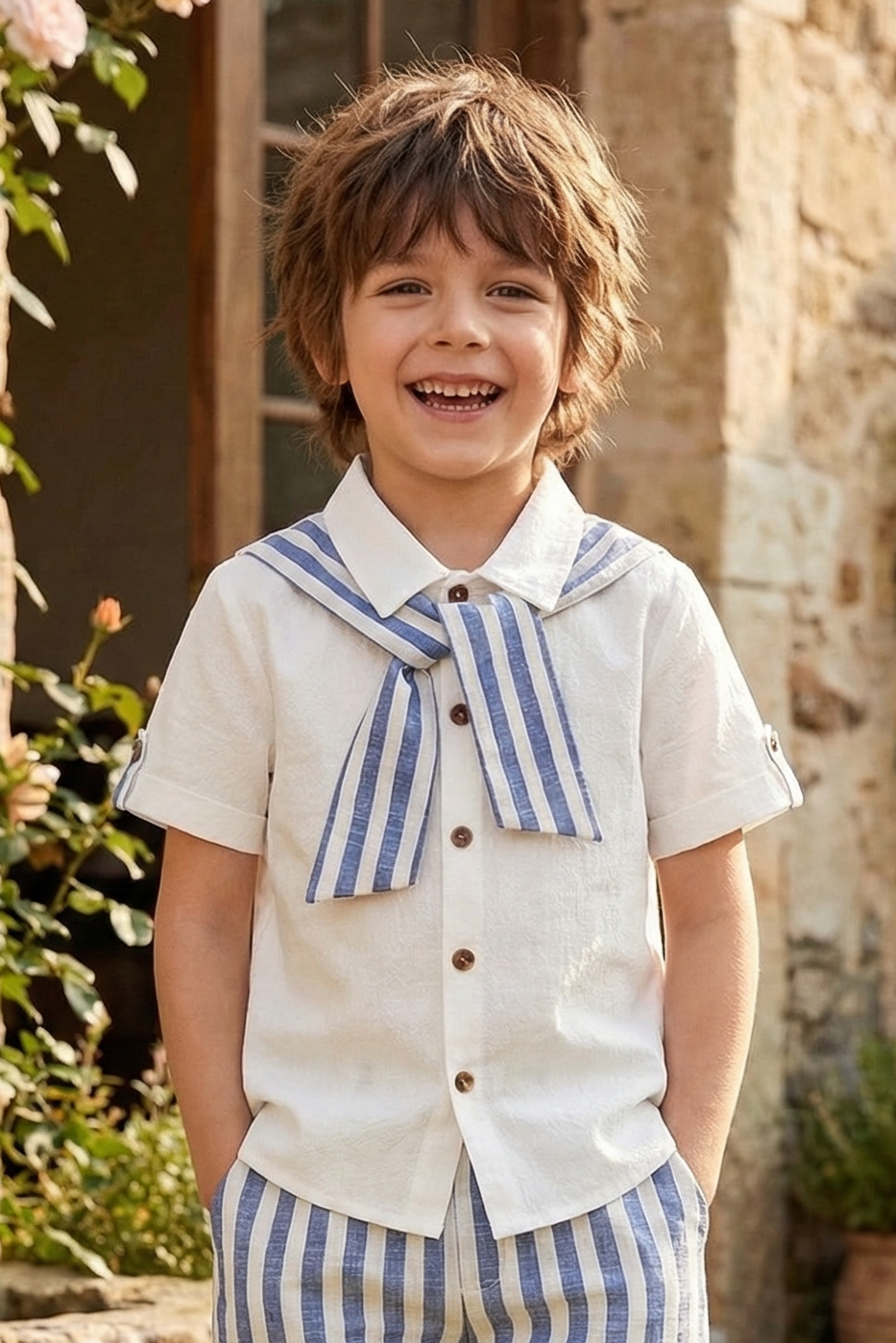 Boys Striped Shawl-Style Short-Sleeved Shirt