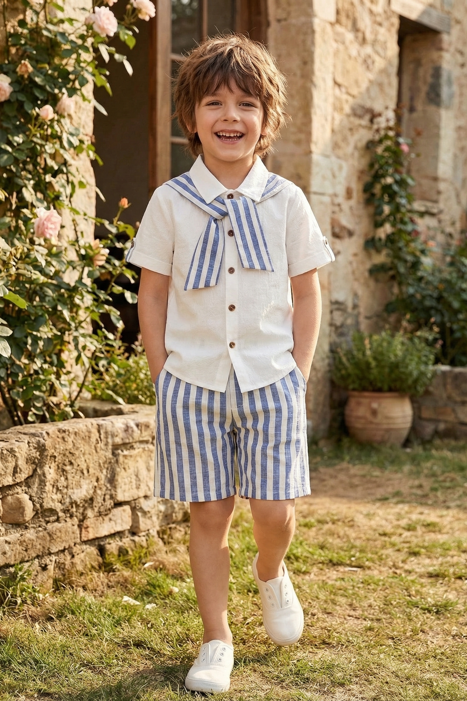 Boys Striped Shawl-Style Short-Sleeved Shirt
