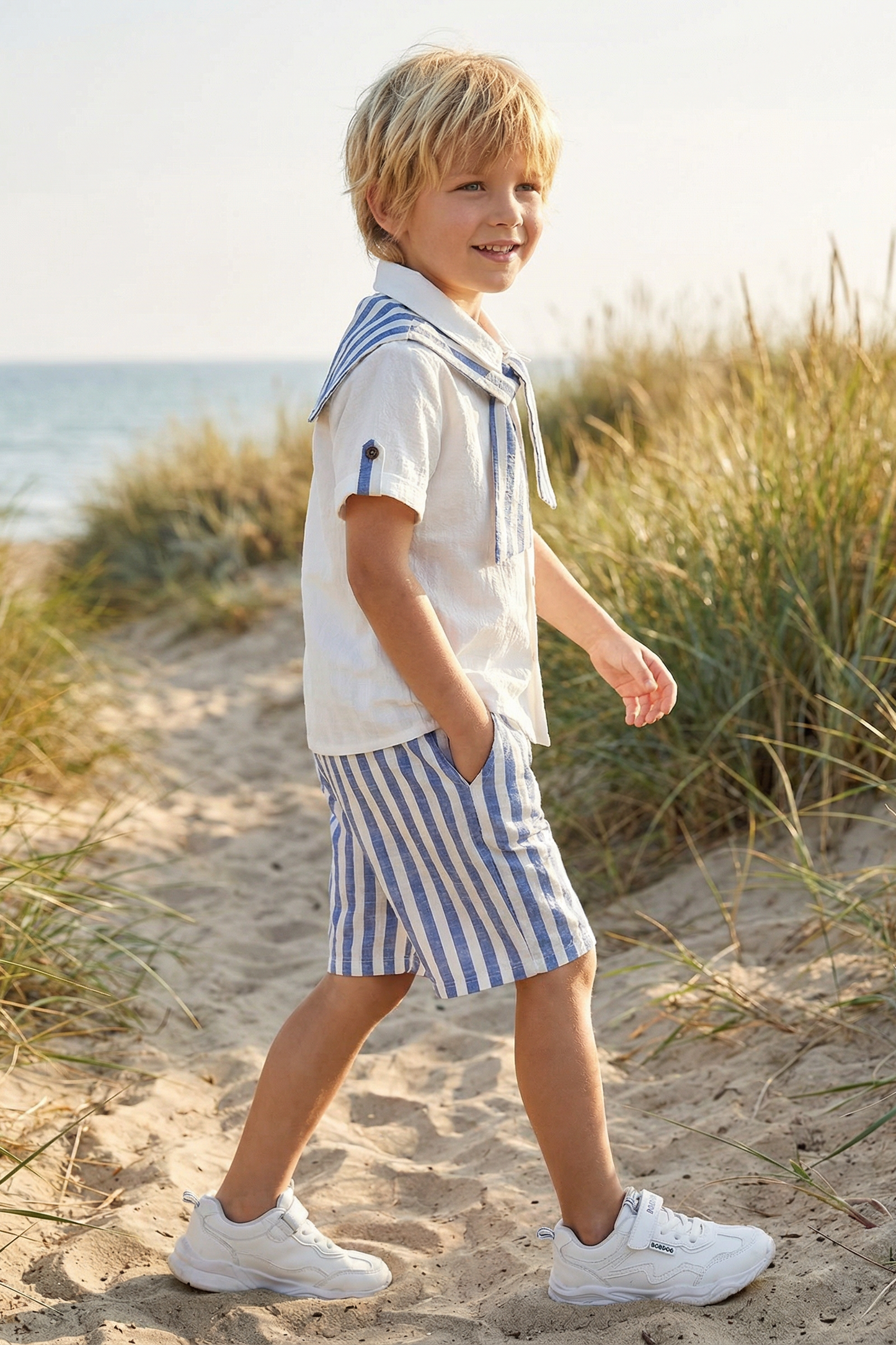 Boys Striped Shawl-Style Short-Sleeved Shirt
