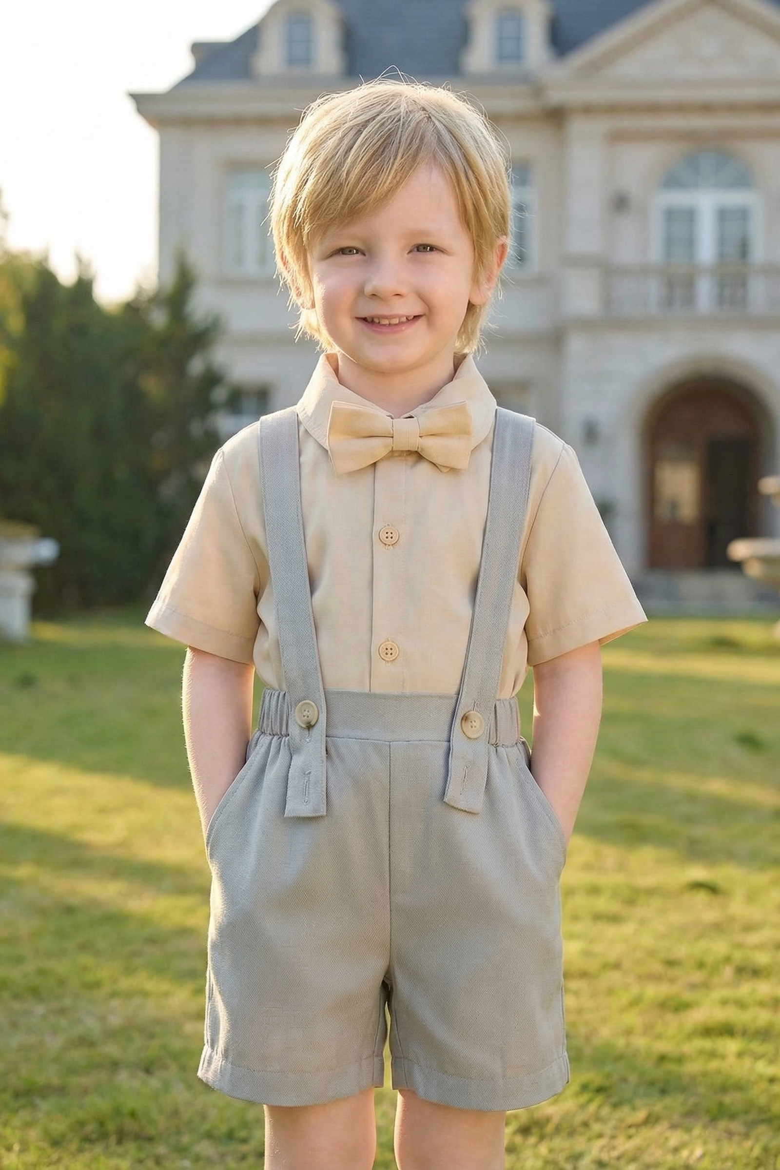 Boys Light Gray And Blue Minimalist Denim Overalls