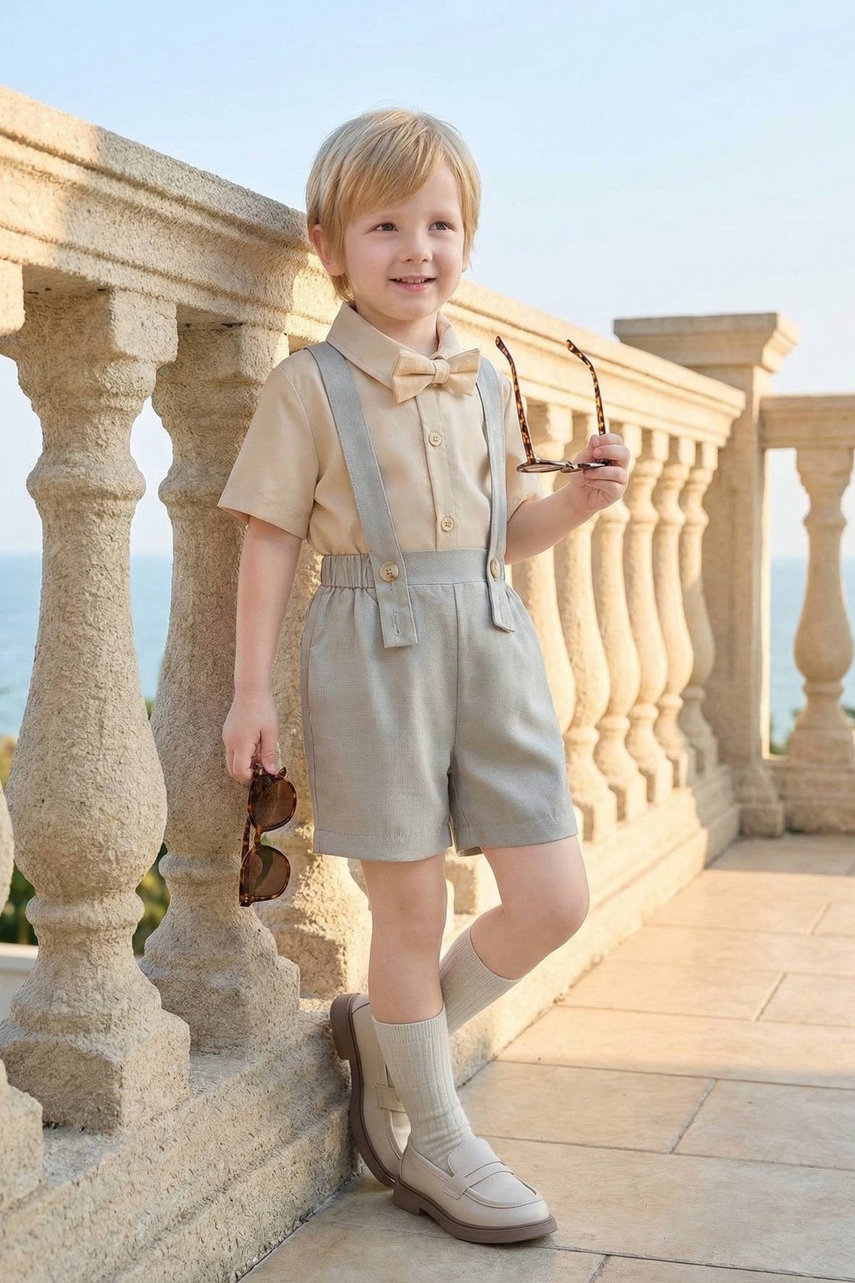 Boys Light Gray And Blue Minimalist Denim Overalls