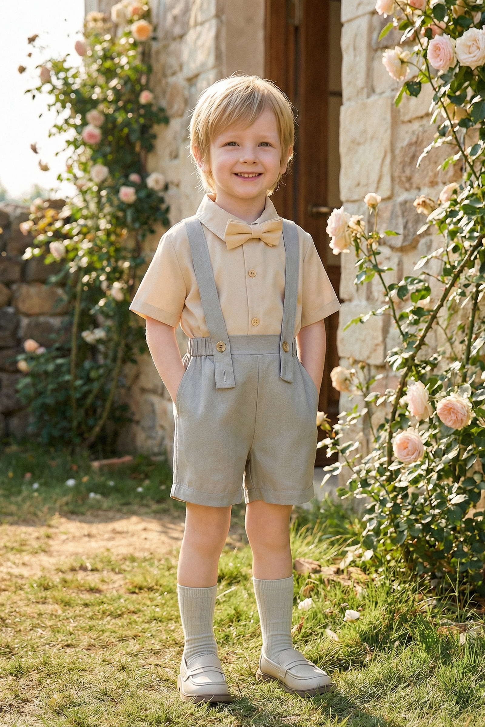 Boys Light Gray And Blue Minimalist Denim Overalls