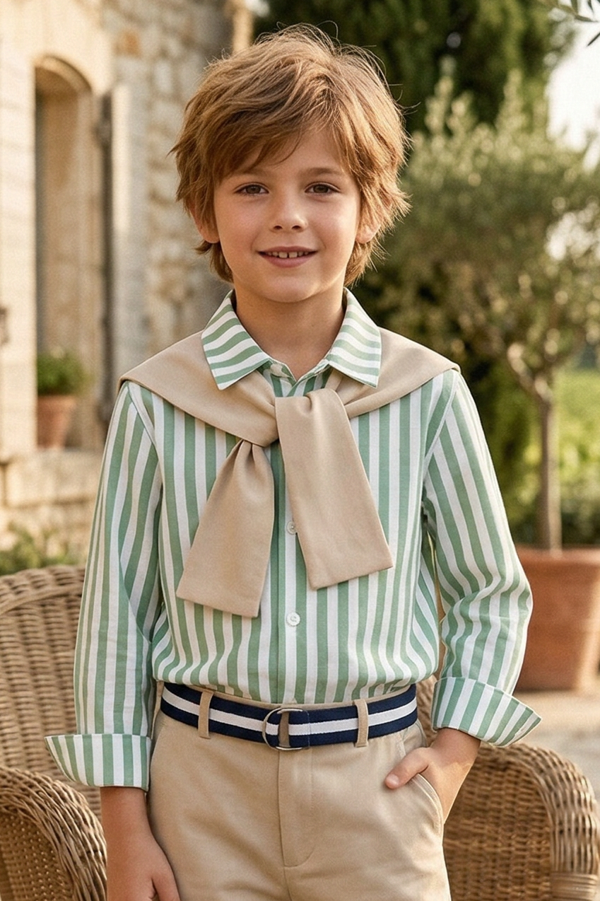 Green White Striped Shawl Long Sleeved Shirt