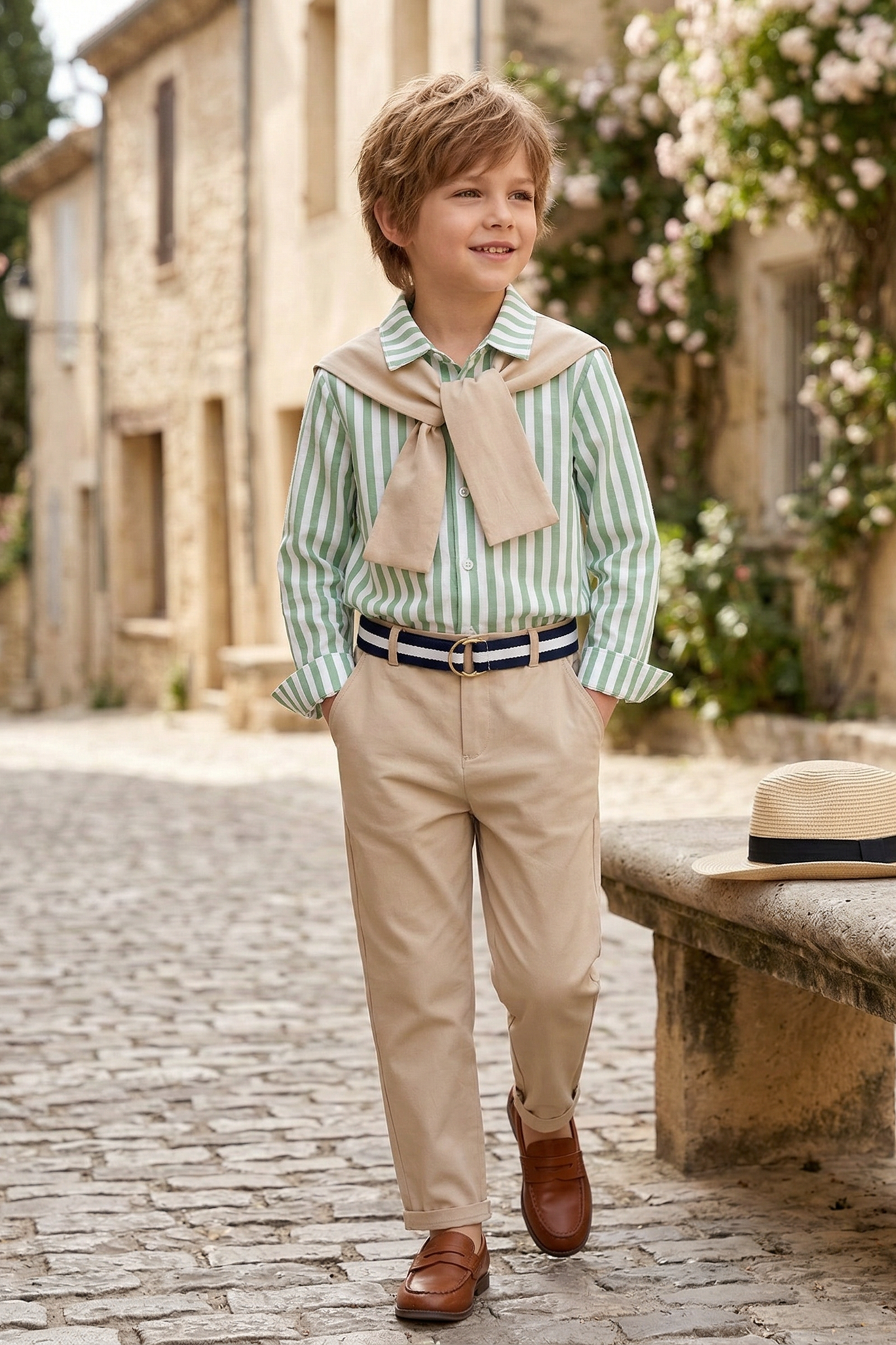 Green White Striped Shawl Long Sleeved Shirt