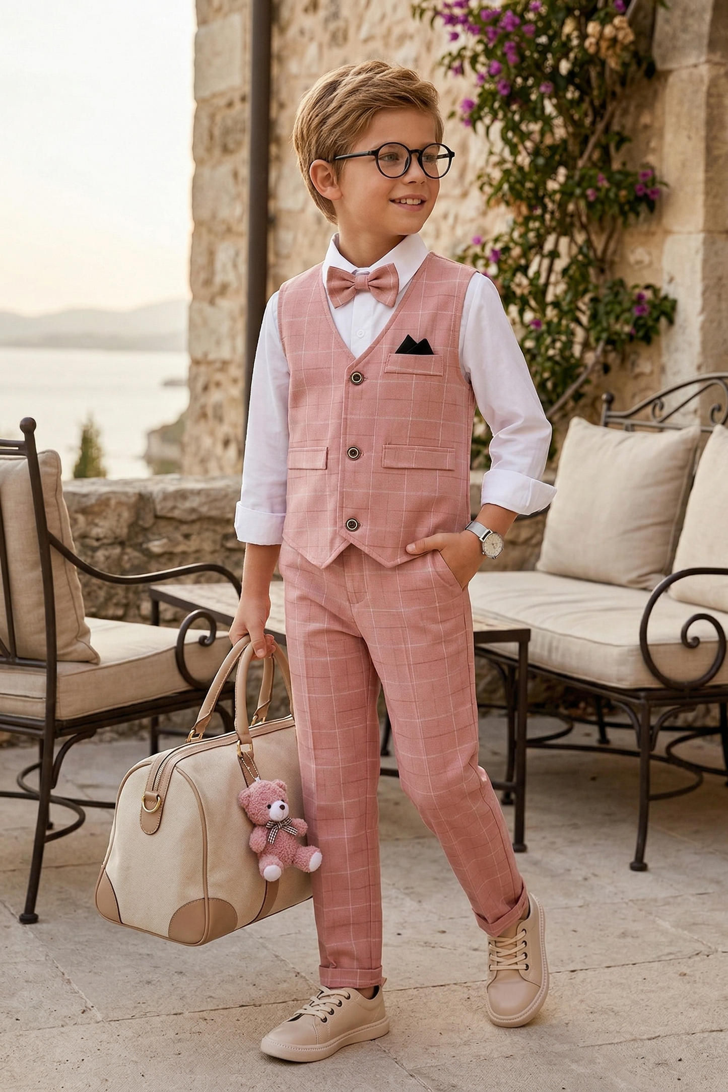 Pink Checkered Single Breasted 2-Piece Set