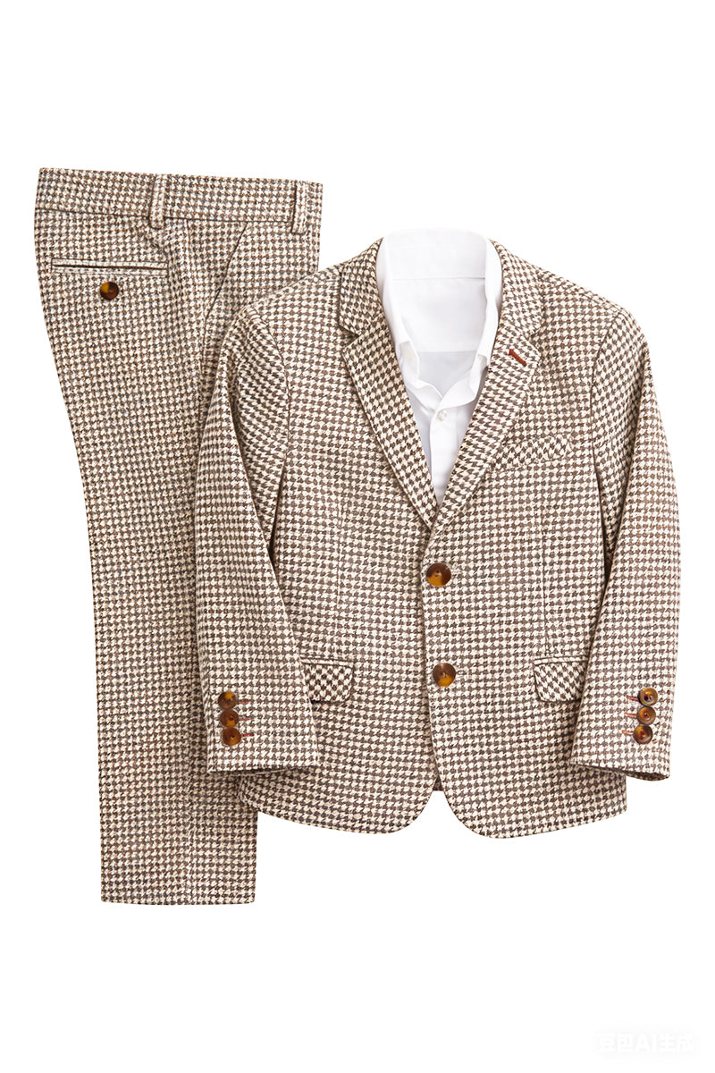 Boys Brown And White Houndstooth Single-breasted 2-piece Suits