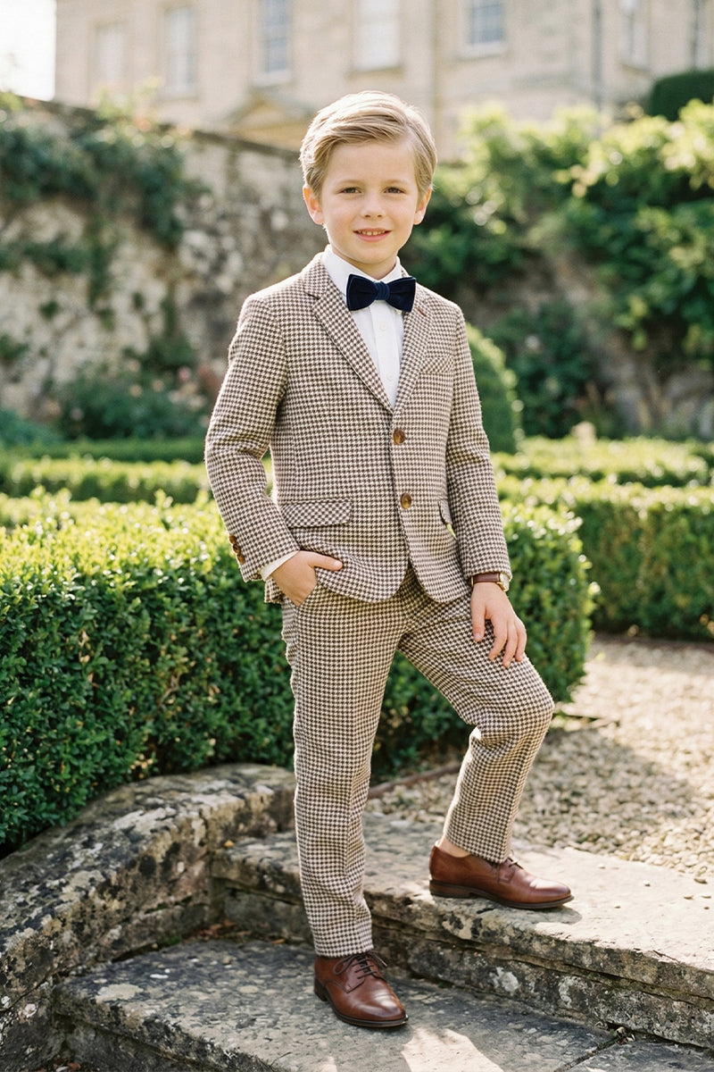 Boys Brown And White Houndstooth Single-breasted 2-piece Suits
