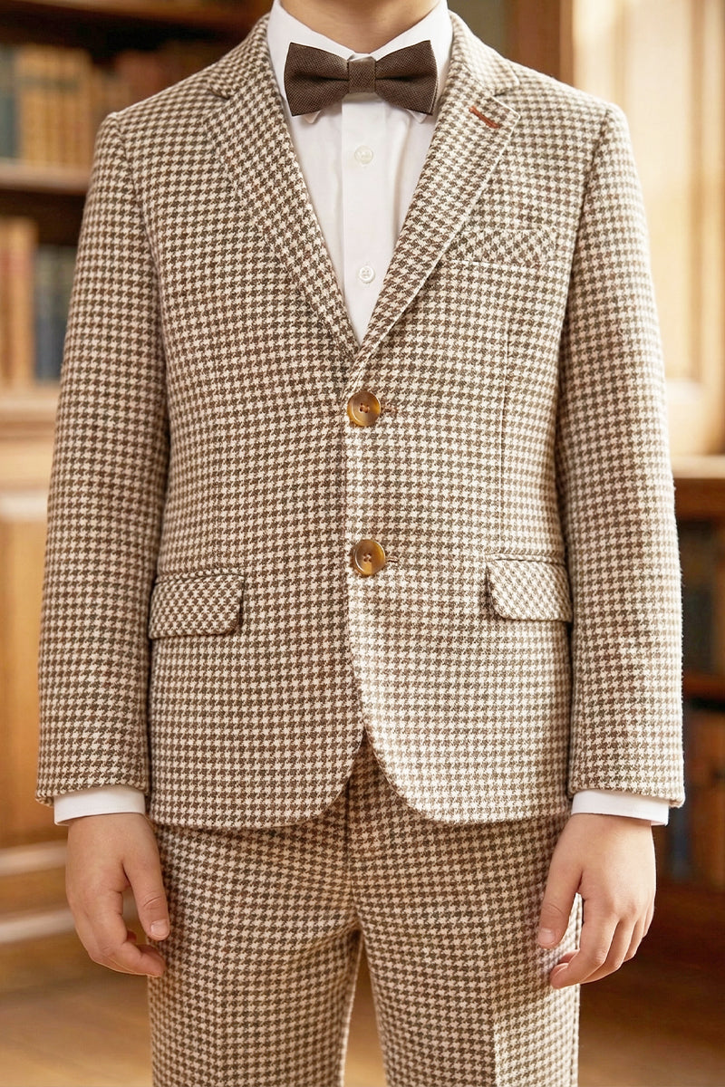 Boys Brown And White Houndstooth Single-breasted 2-piece Suits