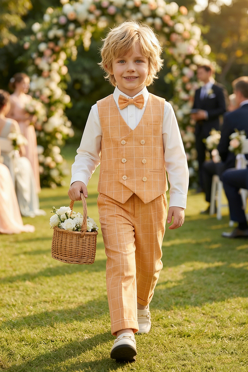 Boys Orange Windowpane Check Vest & Trousers Set