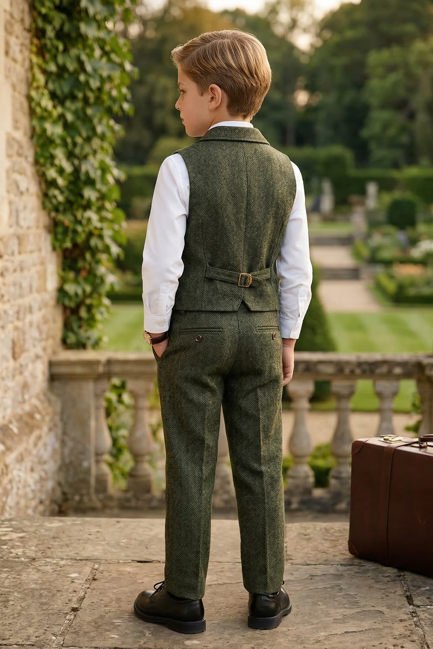 Dark Green V-neck Herringbone 2-Piece Set
