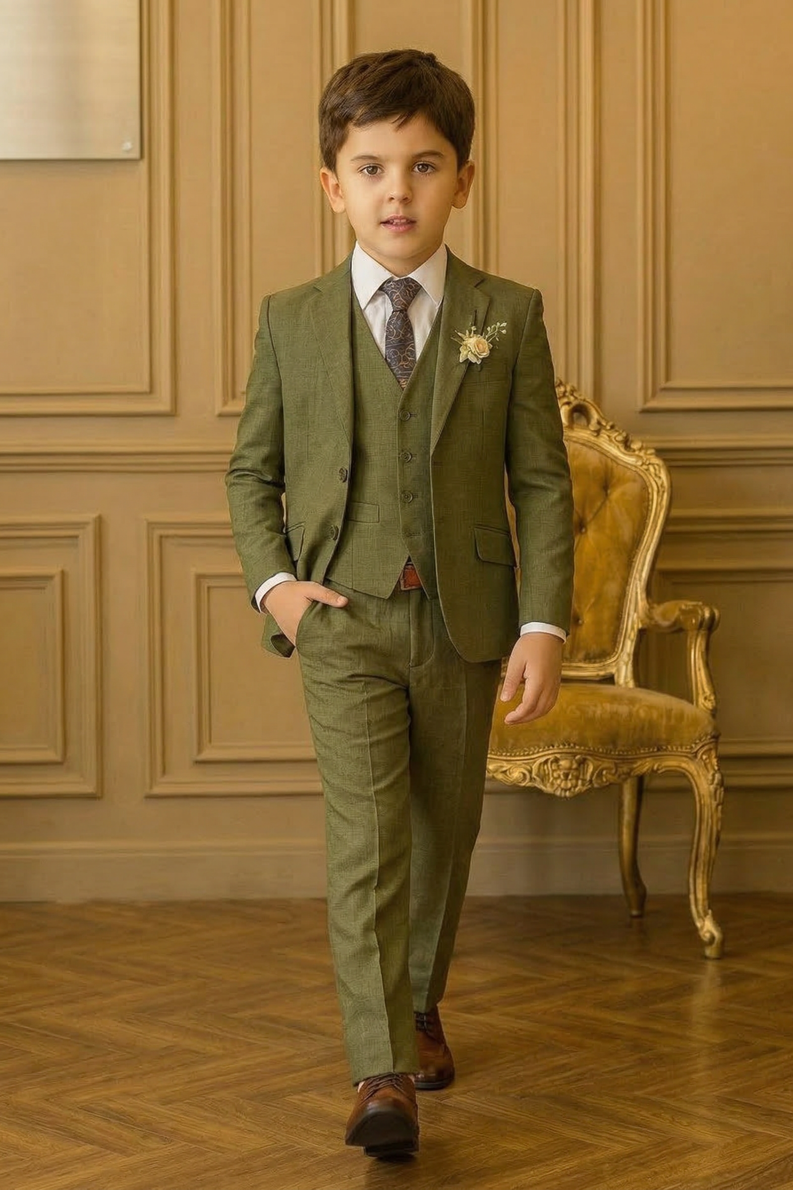 Army Green Single-Breasted 3-Piece Suit