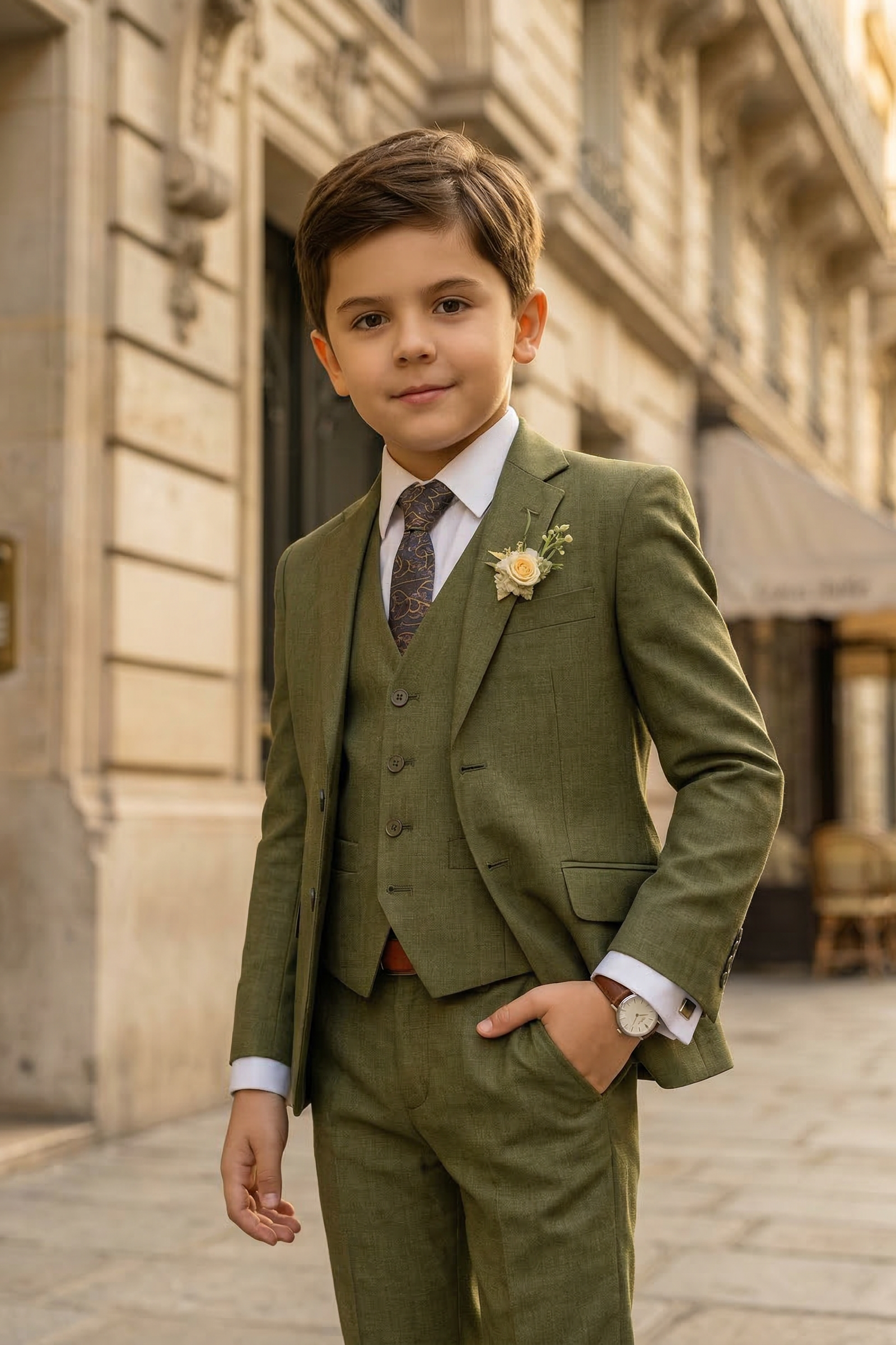 Army Green Single-Breasted 3-Piece Suit