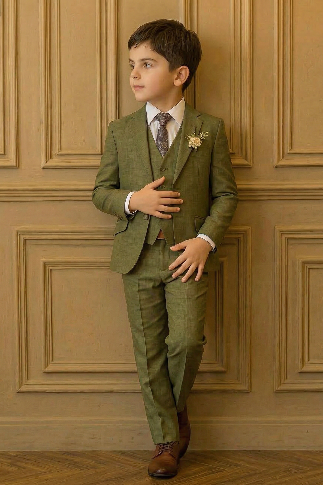 Army Green Single-Breasted 3-Piece Suit