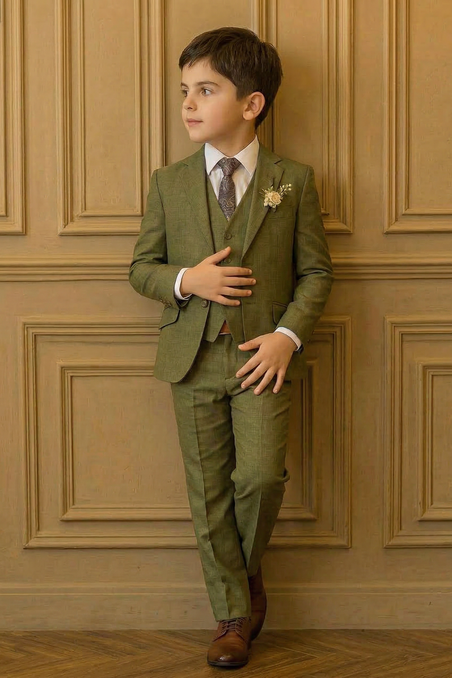 Army Green Single-Breasted 3-Piece Suit