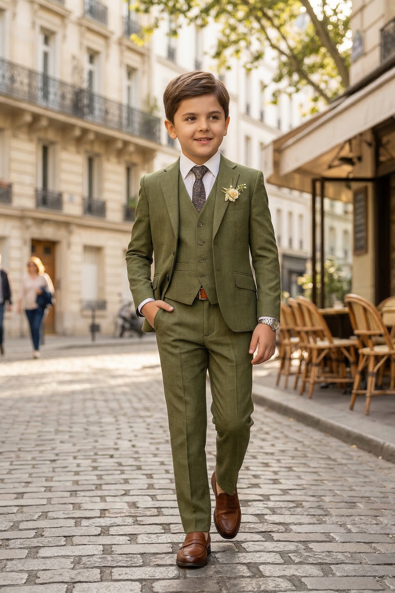 Army Green Single-Breasted 3-Piece Suit