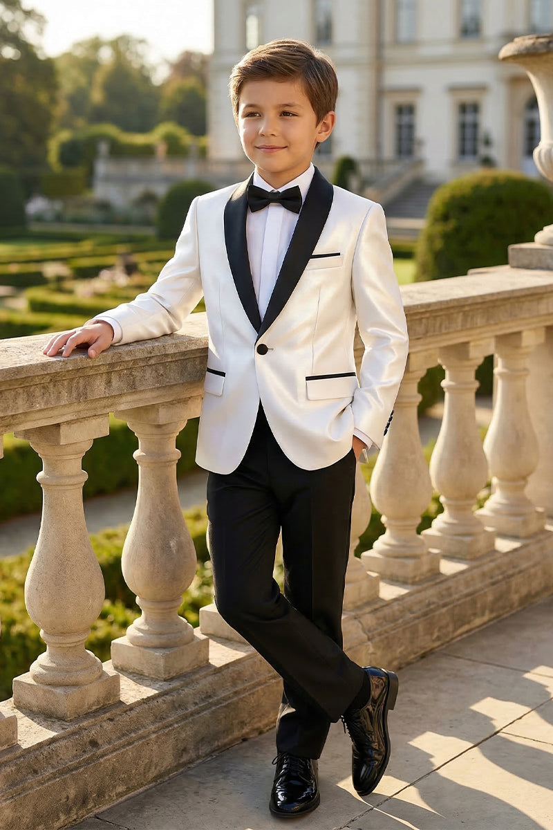 Boys White And Black Satin Tuxedo Jacket