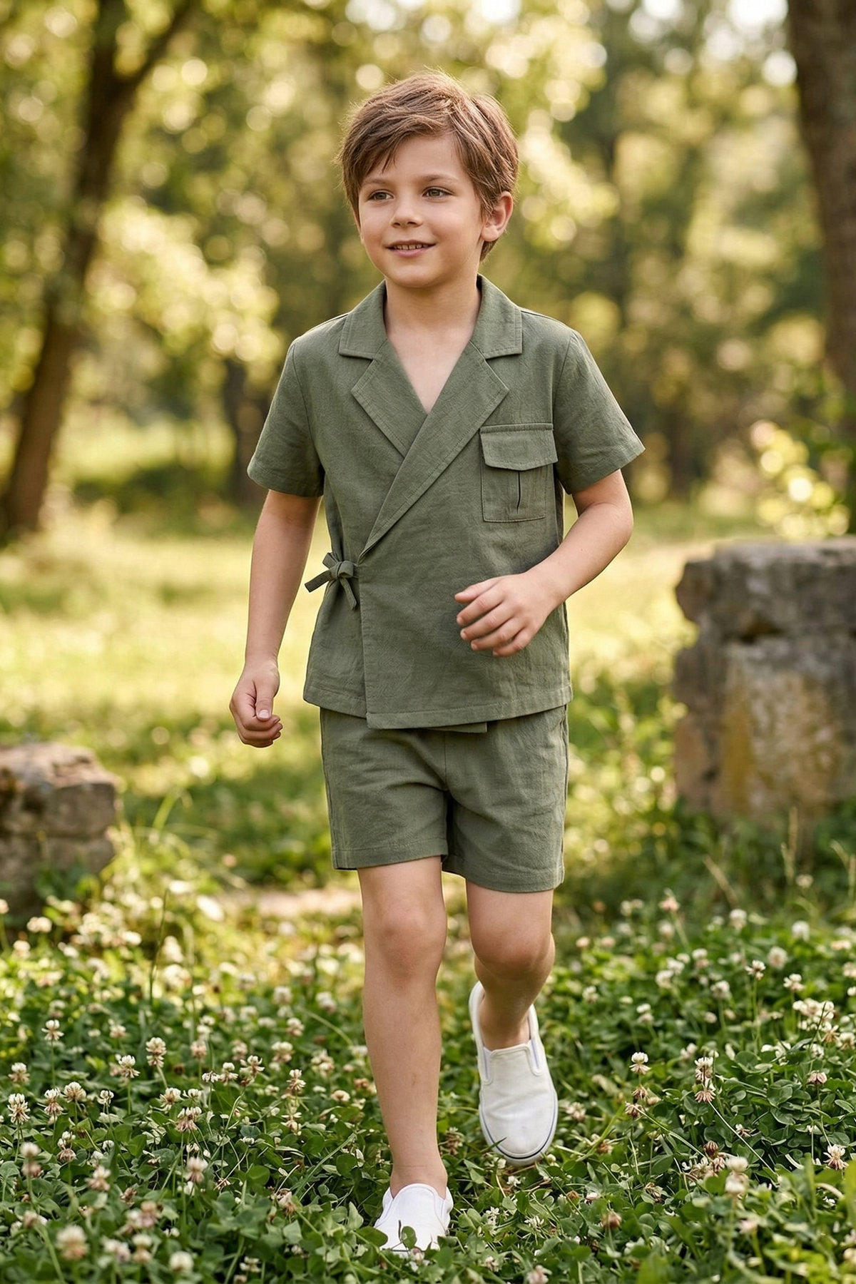 Olive Green Asymmetrical Cotton And Linen 2-Piece Set