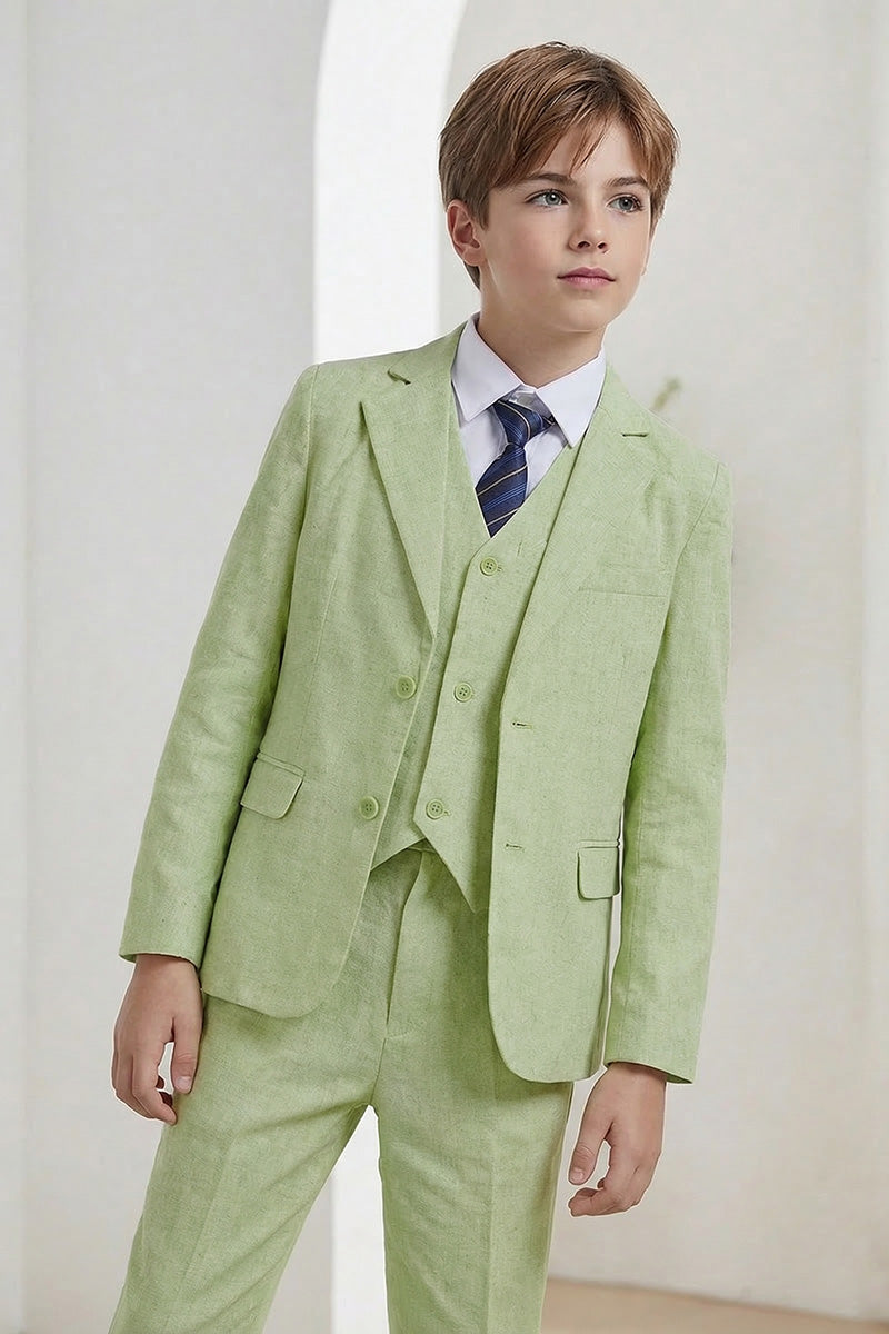 Boys Sage Green Linen-Blend 3-piece Suit