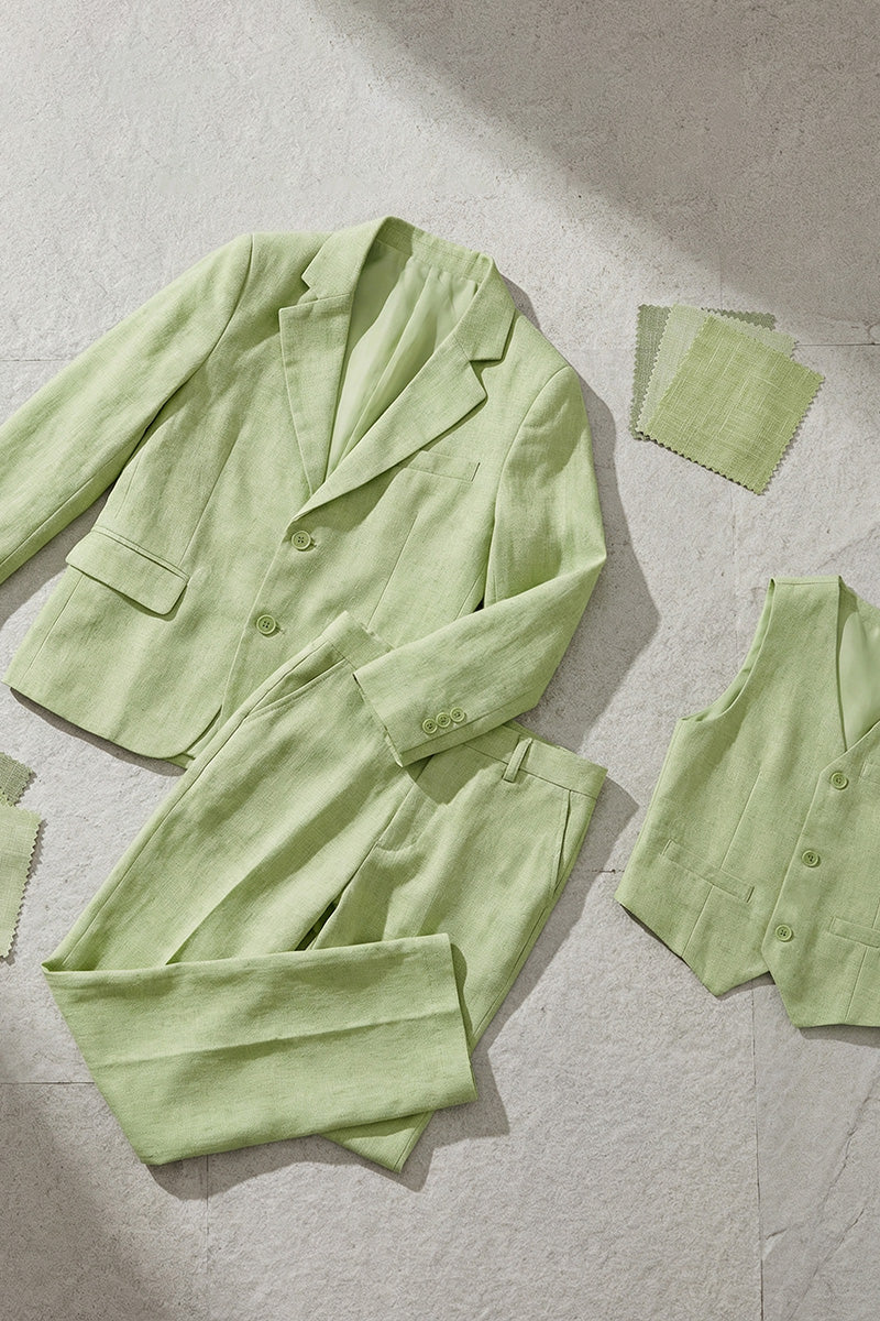 Boys Sage Green Linen-Blend 3-piece Suit