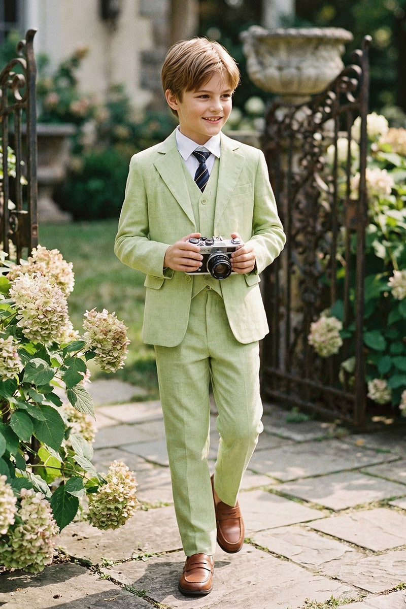 Boys Sage Green Linen-Blend 3-piece Suit