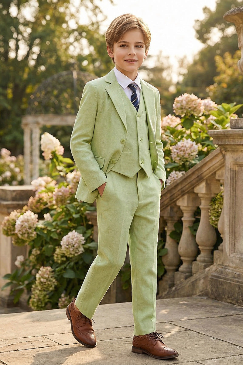 Boys Sage Green Linen-Blend 3-piece Suit