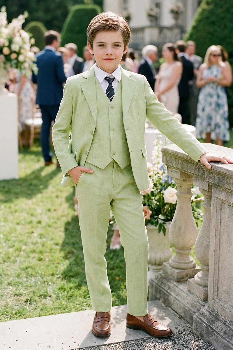 Boys Sage Green Linen-Blend 3-piece Suit