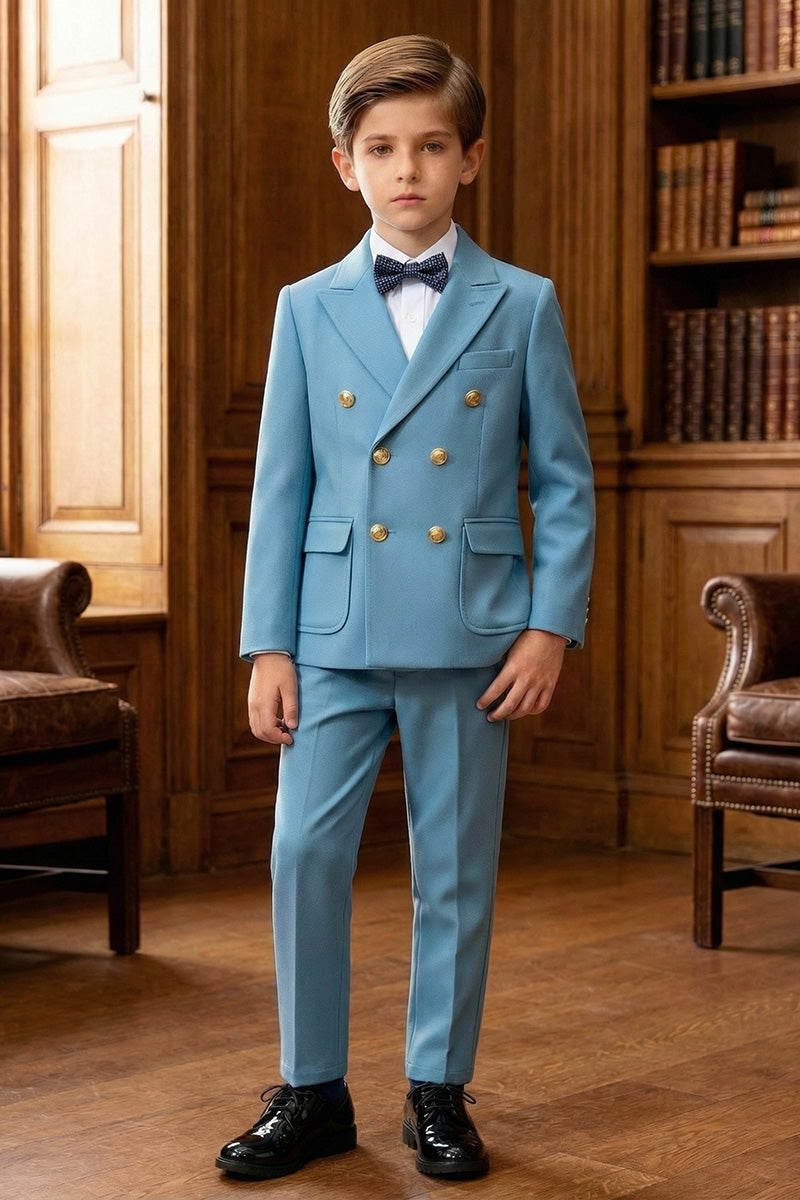 Boys Sky Blue Double-Breasted 2-Piece Suit